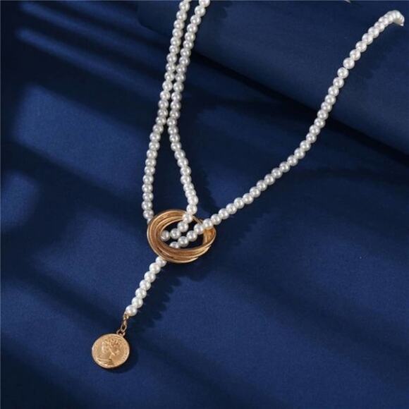 2/$24 NEW Boho Festival Gold Pearl Layered Multistrand Chain Necklace 122 - Picture 5 of 9